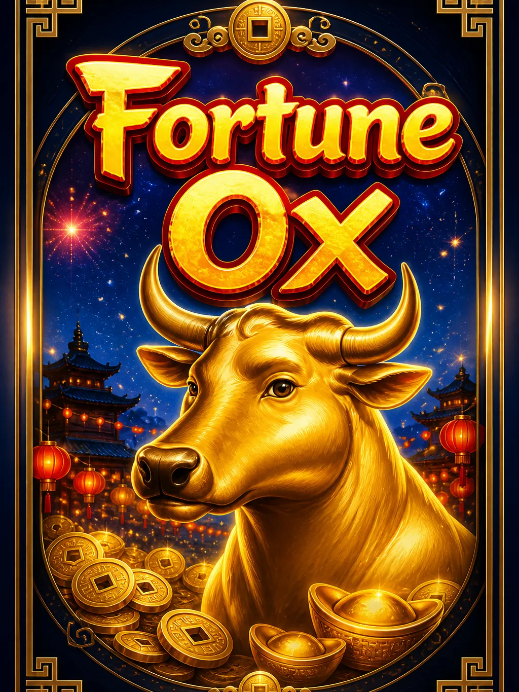 Fortune Ox slot game screen with golden ox symbols and coin multipliers
